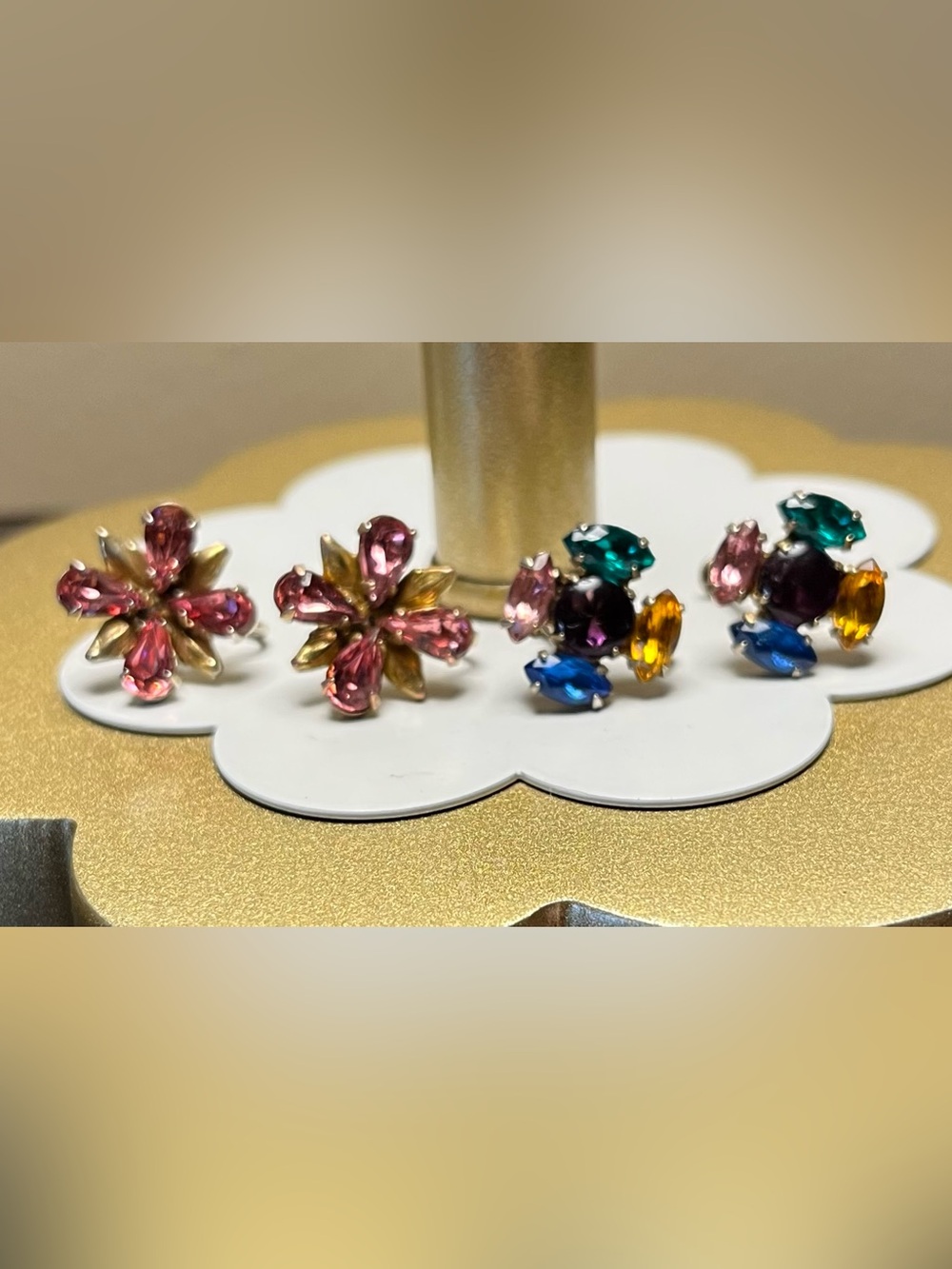 Sterling Silver Multicolor Crystal Flower screw back vintage Earrings -2 sets